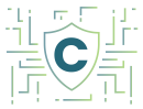 Cybersecurity shield logo with digital circuit pattern and “C”