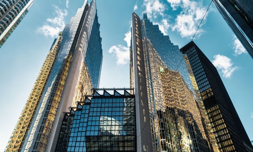 Modern corporate office towers and city skyline architecture