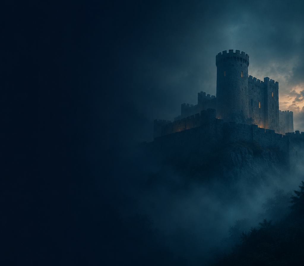 Dark fortress emerging through fog and shadows