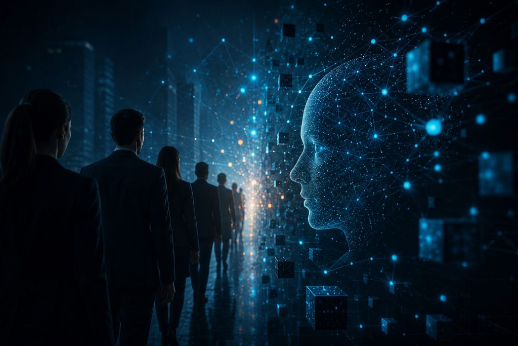 Business professionals interacting with a large AI interface