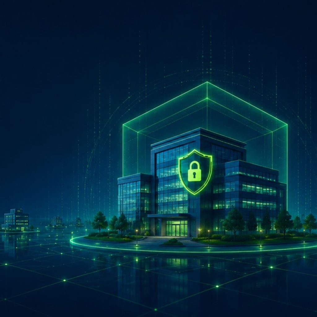Shield around a building representing cybersecurity